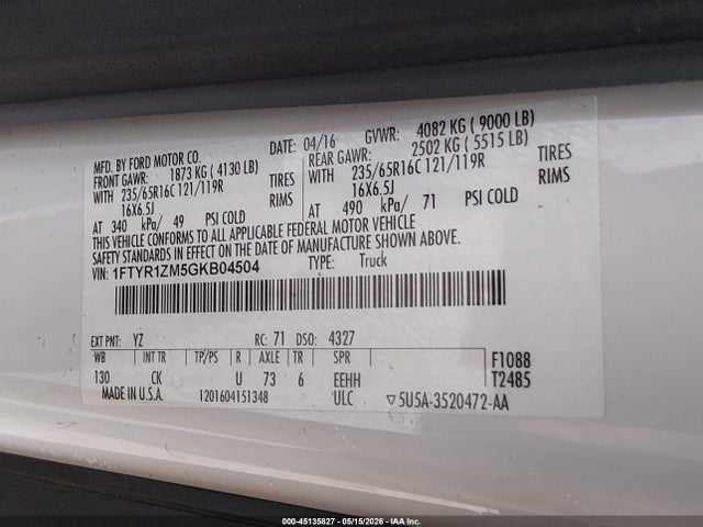 1FTYR1ZM5GKB04504 Ford Transit-250