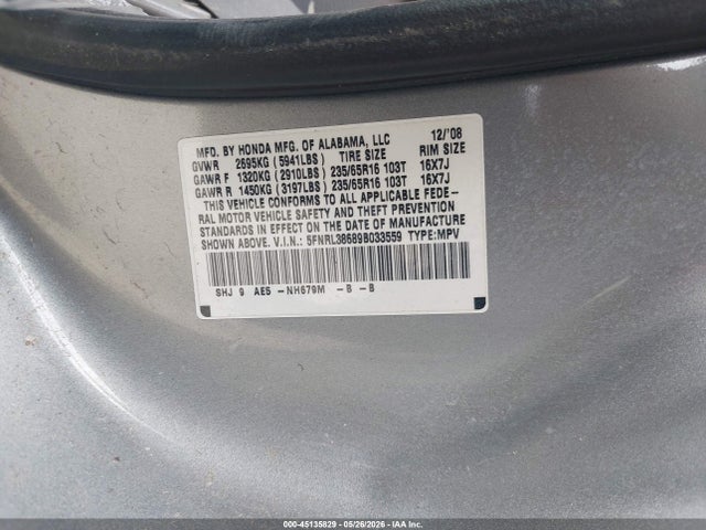 Aukcja sprzedaży 2009 Honda Odyssey Ex-l, vin: 5FNRL38689B033559, numer aukcji: 45135829