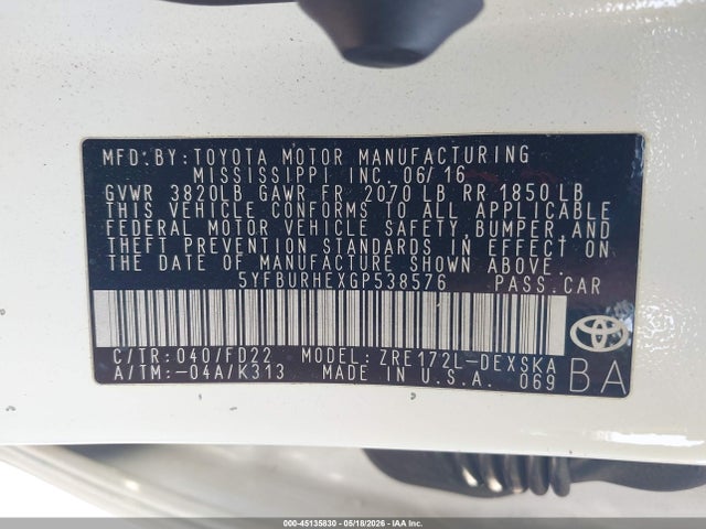 45135830 :رقم المزاد ، 5YFBURHEXGP538576 vin ، 2016 Toyota Corolla S Plus مزاد بيع