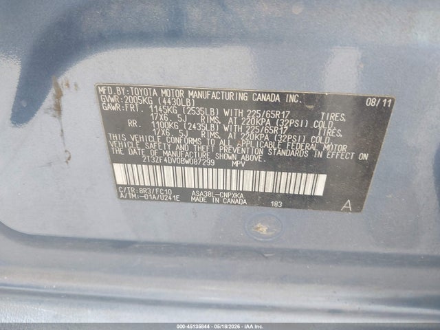 Продажа на аукционе авто 2011 Toyota Rav4, vin: 2T3ZF4DV0BW087299, номер лота: 45135844