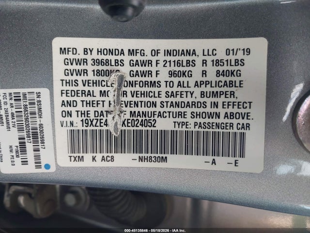 Продажа на аукционе авто 2019 Honda Insight Ex, vin: 19XZE4F59KE024052, номер лота: 45135846