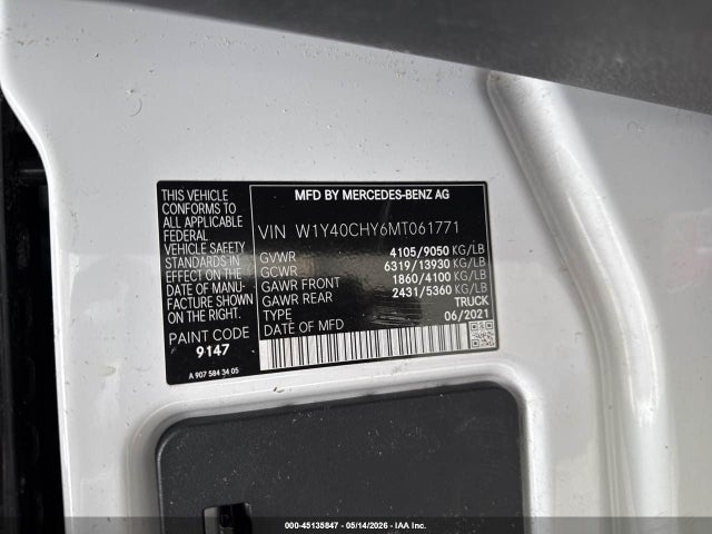 2021 Mercedes-benz Sprinter 2500 High Roof I4 მანქანა იყიდება აუქციონზე, vin: W1Y40CHY6MT061771, აუქციონის ნომერი: 45135847