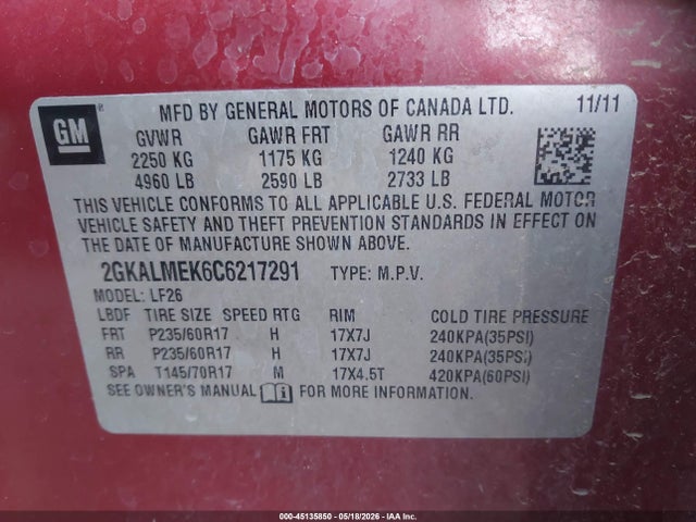 2012 Gmc Terrain Sle-1 მანქანა იყიდება აუქციონზე, vin: 2GKALMEK6C6217291, აუქციონის ნომერი: 45135850