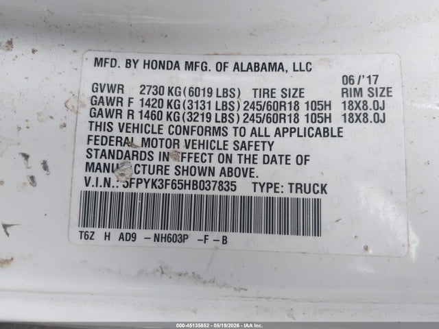 Продаж на аукціоні авто 2017 Honda Ridgeline Rtl-t, vin: 5FPYK3F65HB037835, номер лоту: 45135852