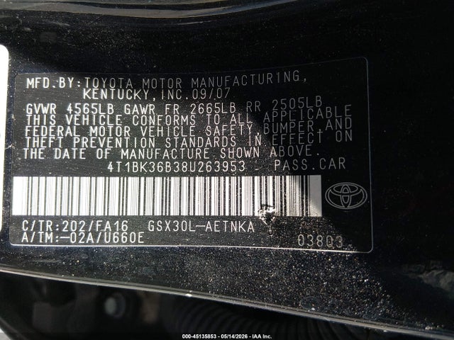 45135853 :رقم المزاد ، 4T1BK36B38U263953 vin ، 2008 Toyota Avalon Xl مزاد بيع