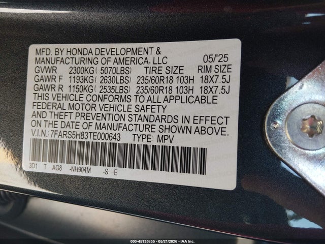 45135855 :رقم المزاد ، 7FARS5H83TE000643 vin ، 2026 Honda Cr-v Hybrid 2wd Sport-l مزاد بيع
