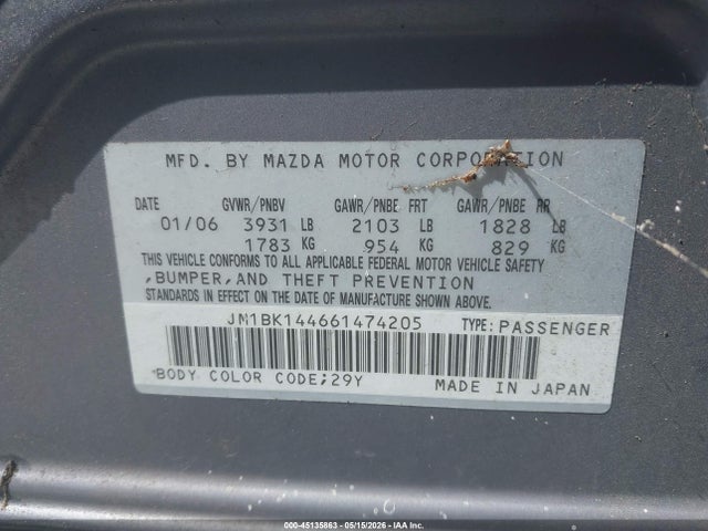 45135863 :رقم المزاد ، JM1BK144661474205 vin ، 2006 Mazda Mazda3 S مزاد بيع
