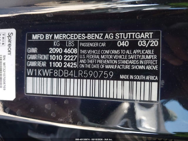 Продаж на аукціоні авто 2020 Mercedes-benz C 300, vin: W1KWF8DB4LR590759, номер лоту: 45135874