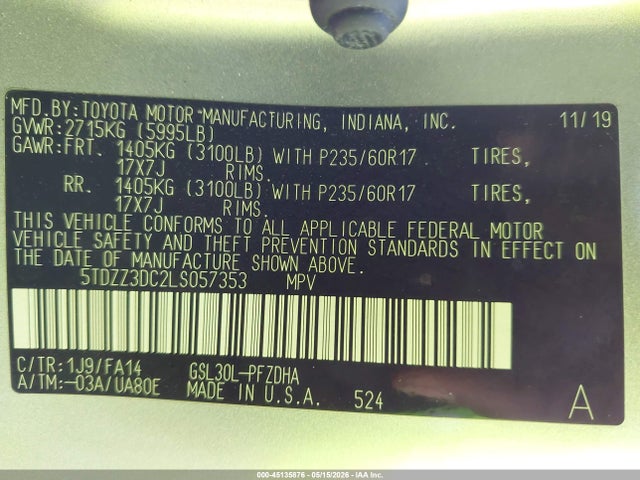 Toyota Sienna L 2020 5TDZZ3DC2LS057353 Image 9