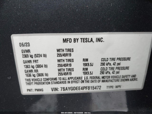45135885 :رقم المزاد ، 7SAYGDEE4PF815472 vin ، 2023 Tesla Model Y Awd/long Range Dual Motor All-wheel Drive مزاد بيع