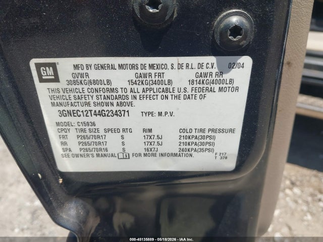 Продаж на аукціоні авто 2004 Chevrolet Avalanche 1500, vin: 3GNEC12T44G234371, номер лоту: 45135889