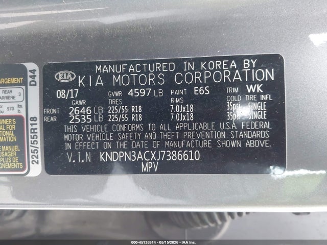 Продажа на аукционе авто 2018 Kia Sportage Ex, vin: KNDPN3ACXJ7386610, номер лота: 45135914