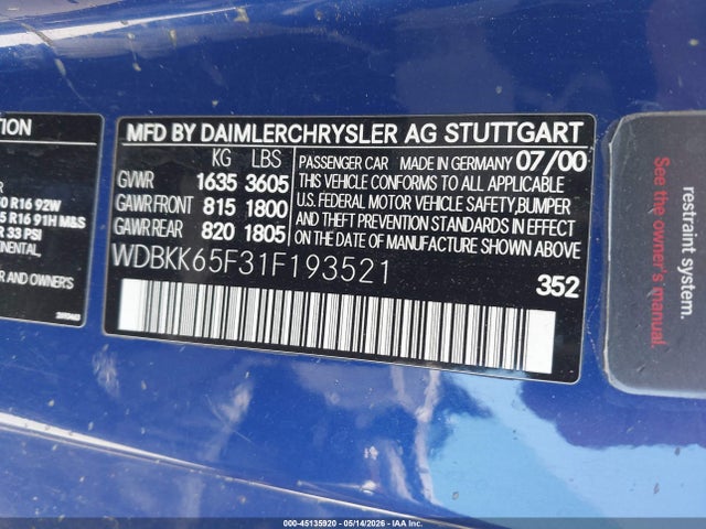 45135920 :رقم المزاد ، WDBKK65F31F193521 vin ، 2001 Mercedes-benz Slk 320 مزاد بيع