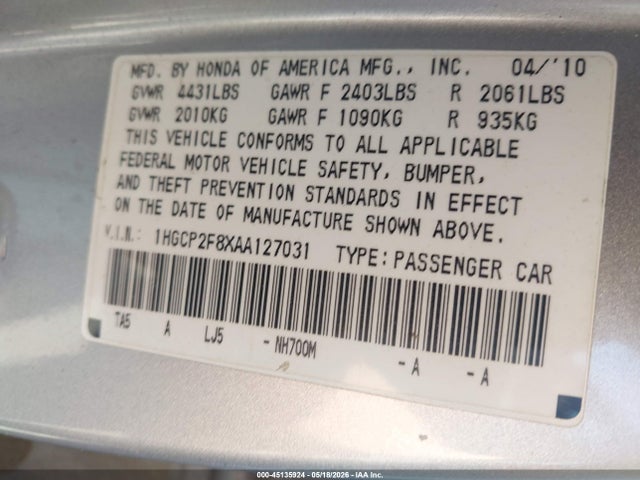Aukcja sprzedaży 2010 Honda Accord 2.4 Ex-l, vin: 1HGCP2F8XAA127031, numer aukcji: 45135924