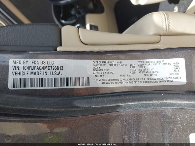 Aukcja sprzedaży 2021 Jeep Grand Cherokee Laredo E 4x4, vin: 1C4RJFAG4MC793813, numer aukcji: 45135928