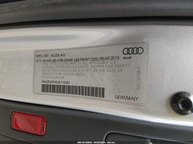 Aukcja sprzedaży 2018 Audi A4 2.0t Premium, vin: WAUENAF49JA110481, numer aukcji: 45135934