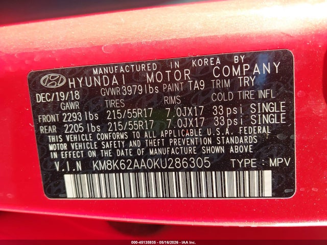 Aukcja sprzedaży 2019 Hyundai Kona Sel, vin: KM8K62AA0KU286305, numer aukcji: 45135935