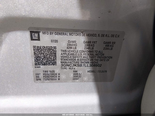 Продаж на аукціоні авто 2020 Chevrolet Trax Fwd Ls, vin: 3GNCJKSB7LL308902, номер лоту: 45135946