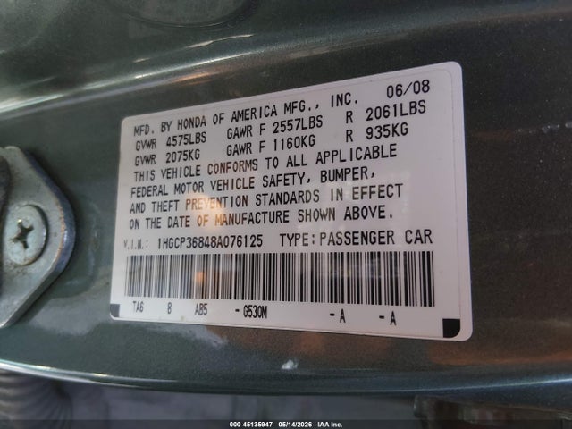 Продажа на аукционе авто 2008 Honda Accord 3.5 Ex-l, vin: 1HGCP36848A076125, номер лота: 45135947
