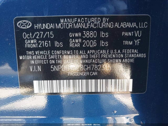 Aukcja sprzedaży 2016 Hyundai Elantra Se, vin: 5NPDH4AE8GH782315, numer aukcji: 45135953