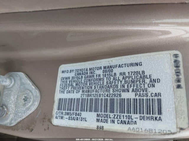 Aukcja sprzedaży 2001 Toyota Corolla Ce, vin: 2T1BR12E81C422926, numer aukcji: 45135958