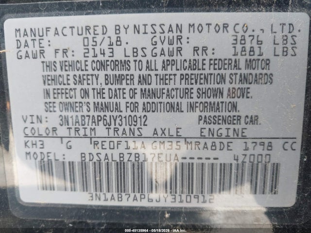 2018 Nissan Sentra S მანქანა იყიდება აუქციონზე, vin: 3N1AB7AP6JY310912, აუქციონის ნომერი: 45135964