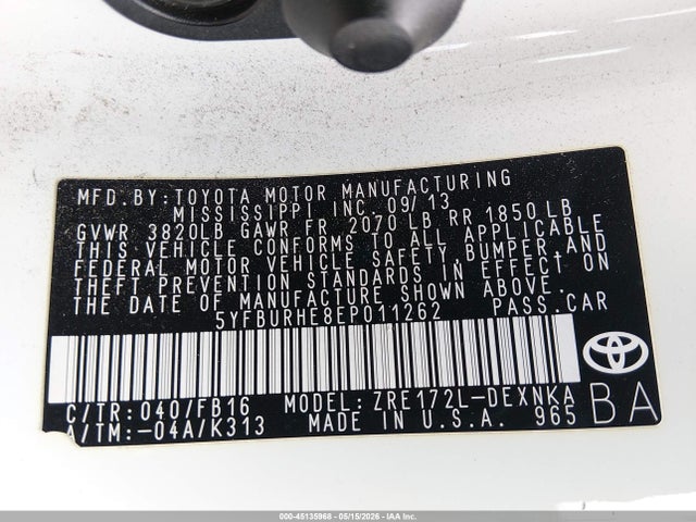 2014 Toyota Corolla Le მანქანა იყიდება აუქციონზე, vin: 5YFBURHE8EP011262, აუქციონის ნომერი: 45135968