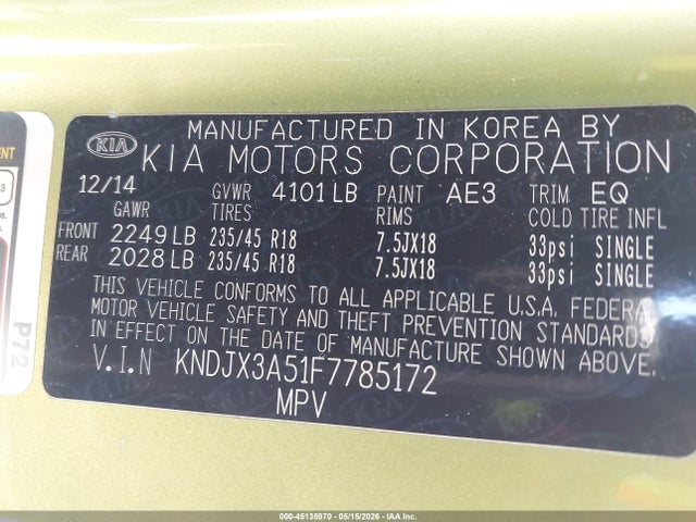 Aukcja sprzedaży 2015 Kia Soul !, vin: KNDJX3A51F7785172, numer aukcji: 45135970