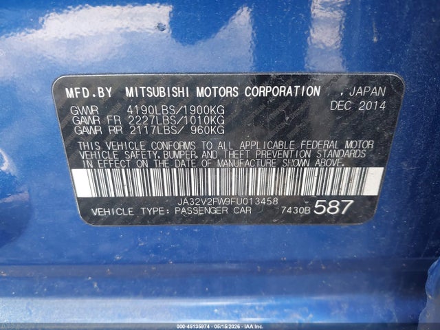 Aukcja sprzedaży 2015 Mitsubishi Lancer Se, vin: JA32V2FW9FU013458, numer aukcji: 45135974