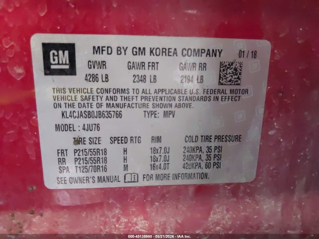 45135980 :رقم المزاد ، KL4CJASB0JB635766 vin ، 2018 Buick Encore Preferred مزاد بيع
