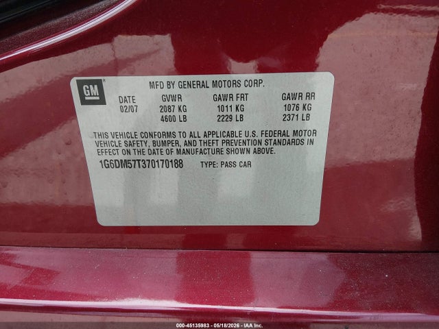 Продаж на аукціоні авто 2007 Cadillac Cts Standard, vin: 1G6DM57T370170188, номер лоту: 45135983