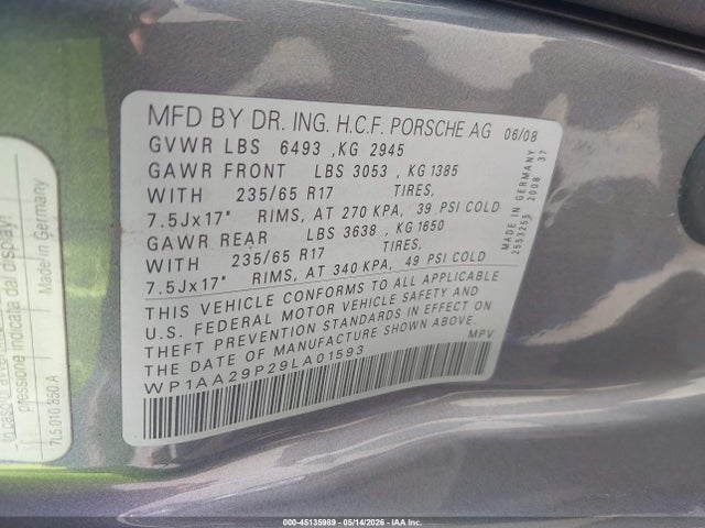 Продаж на аукціоні авто 2009 Porsche Cayenne, vin: WP1AA29P29LA01593, номер лоту: 45135989