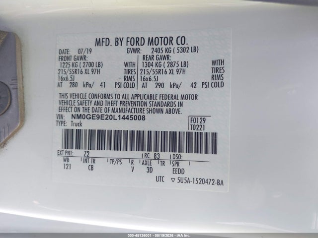 Продажа на аукционе авто 2020 Ford Transit Connect Xl Passenger, vin: NM0GE9E20L1445008, номер лота: 45136001