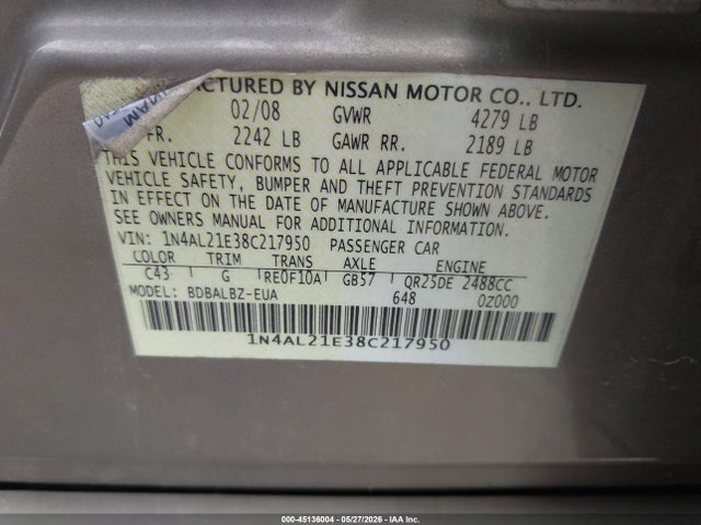 Aukcja sprzedaży 2008 Nissan Altima 2.5 S, vin: 1N4AL21E38C217950, numer aukcji: 45136004
