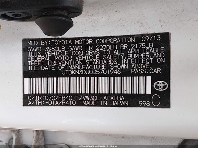 Aukcja sprzedaży 2013 Toyota Prius Two, vin: JTDKN3DU0D5701946, numer aukcji: 45136006