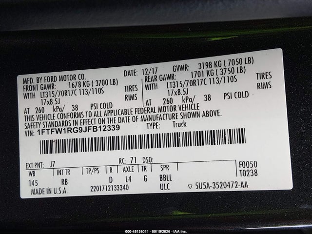 Продаж на аукціоні авто 2018 Ford F-150 Raptor, vin: 1FTFW1RG9JFB12339, номер лоту: 45136011