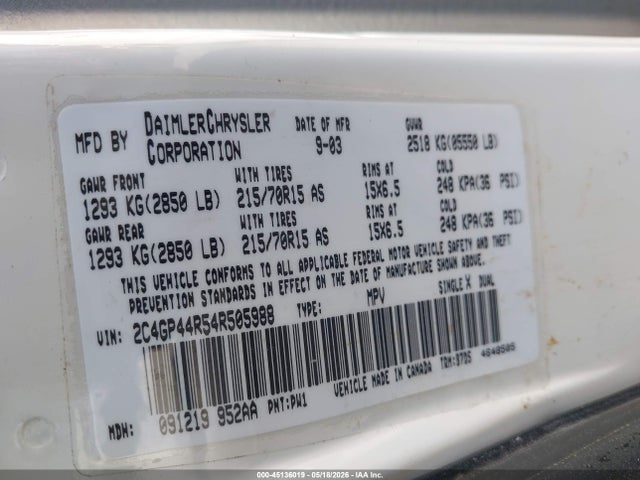 Продаж на аукціоні авто 2004 Chrysler Town & Country Lx, vin: 2C4GP44R54R505988, номер лоту: 45136019