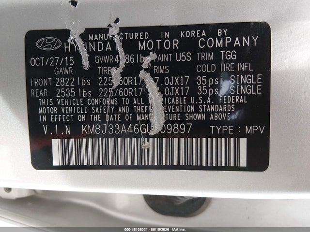 Продажа на аукционе авто 2016 Hyundai Tucson Se, vin: KM8J33A46GU109897, номер лота: 45136021