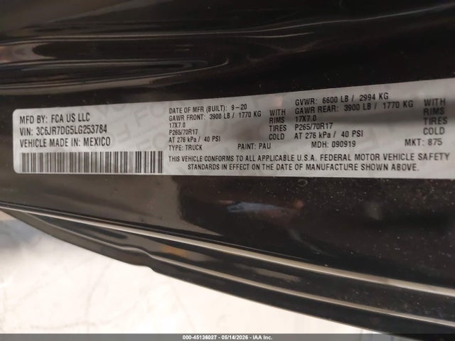 Aukcja sprzedaży 2020 Ram 1500 Classic Tradesman  4x4 8' Box, vin: 3C6JR7DG5LG253784, numer aukcji: 45136027