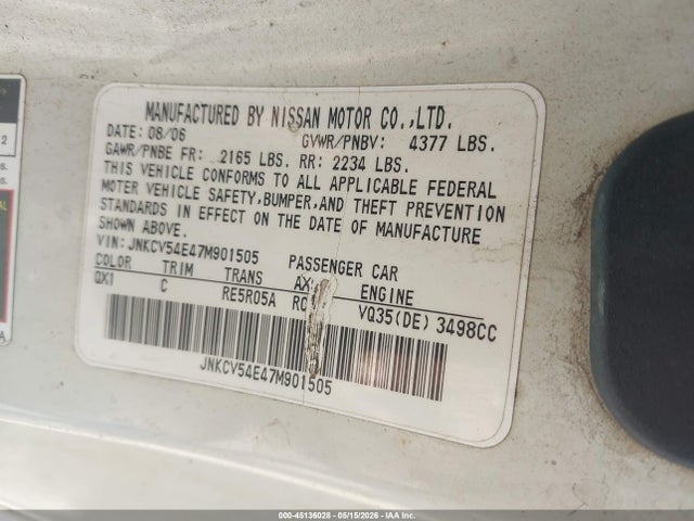 45136028 :رقم المزاد ، JNKCV54E47M901505 vin ، 2007 Infiniti G35 مزاد بيع
