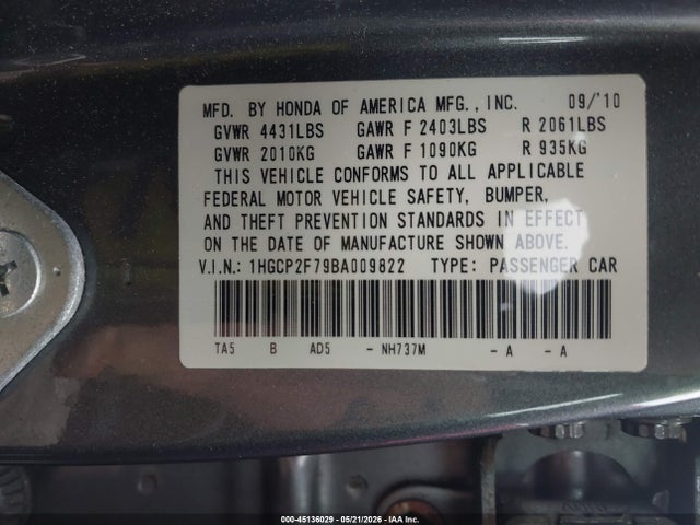 Продажа на аукционе авто 2011 Honda Accord 2.4 Ex, vin: 1HGCP2F79BA009822, номер лота: 45136029