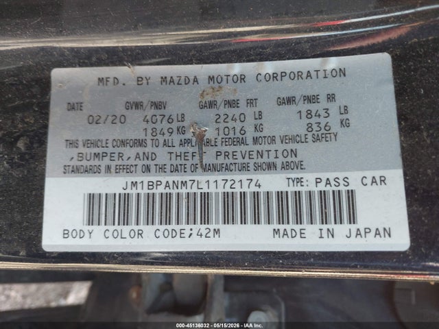 Aukcja sprzedaży 2020 Mazda Mazda3 Premium Package, vin: JM1BPANM7L1172174, numer aukcji: 45136032