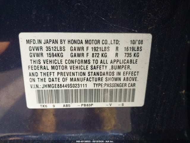 Продажа на аукционе авто 2009 Honda Fit Sport, vin: JHMGE88449S023111, номер лота: 45136033