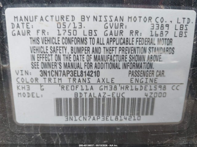 Aukcja sprzedaży 2014 Nissan Versa 1.6 S+, vin: 3N1CN7AP3EL814210, numer aukcji: 45136037