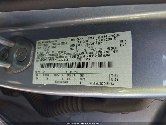 Aukcja sprzedaży 2022 Ford Escape Se, vin: 1FMCU9G69NUB47512, numer aukcji: 45136039