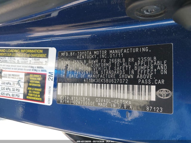 45136056 :رقم المزاد ، 4T1BK3EK5BU627072 vin ، 2011 Toyota Camry Se V6 مزاد بيع
