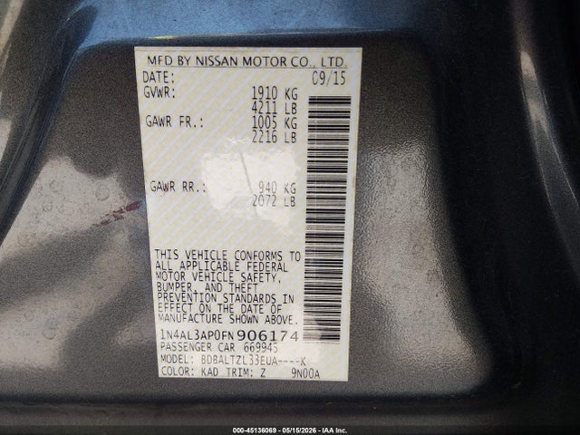 Продажа на аукционе авто 2015 Nissan Altima 2.5 Sl, vin: 1N4AL3AP0FN906174, номер лота: 45136069