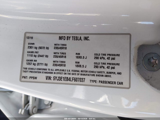 Aukcja sprzedaży 2020 Tesla Model 3 Long Range Dual Motor All-wheel Drive, vin: 5YJ3E1EB4LF607037, numer aukcji: 45136084