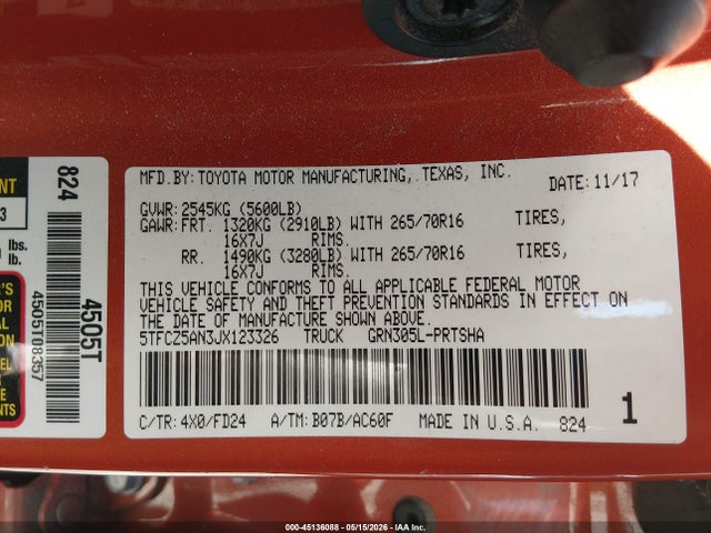 5TFCZ5AN3JX123326 Toyota Tacoma Trd Off Road