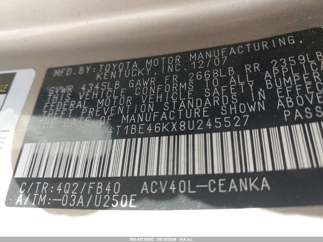 Auction sale of the 2008 Toyota Camry Le, vin: 4T1BE46KX8U245527, lot number: 45136092